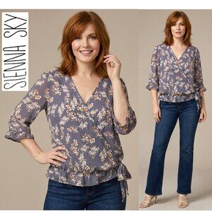 SIENNA SKY - Gray floral wrap front blouse